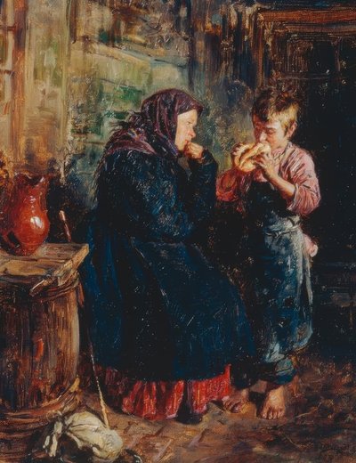 Vieille femme et garçon avec pain - Wladimir Jegorowitsch Makowski