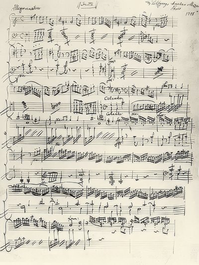 Début de la sonate pour piano en la mineur, KV310. Autographe - Wolfgang Amadeus Mozart