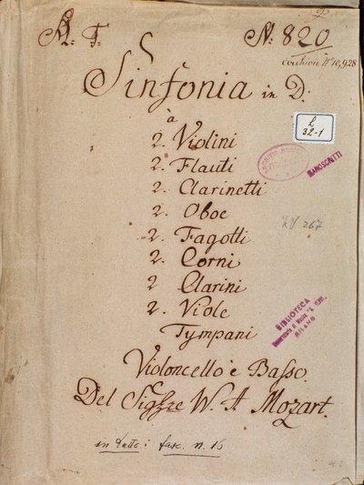Première page de partition pour la Symphonie n°4 en ré, par Mozart - Wolfgang Amadeus Mozart