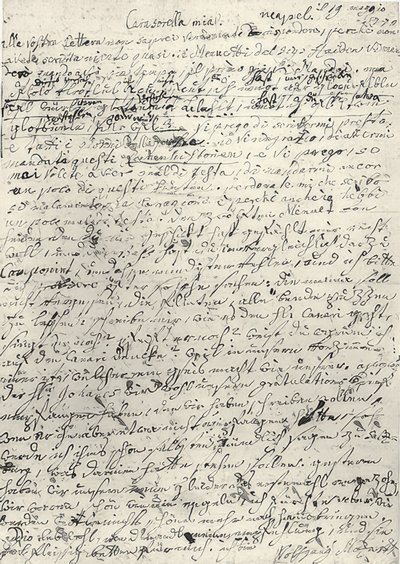 Wolfgang Amadeus Mozart (1756-1791) compositeur autrichien. Lettre autographe à sa sœur Nannerl. Naples, 19 mars 1770 - Wolfgang Amadeus Mozart