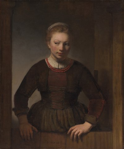 Jeune femme devant une demi-porte ouverte - Workshop of Rembrandt van Rijn