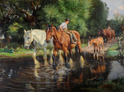 Chevaux de ferme et poulain à un gué, c.1915 - Wright Barker