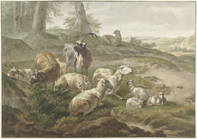 Boucs et moutons dans un paysage vallonné - Wybrand Hendriks