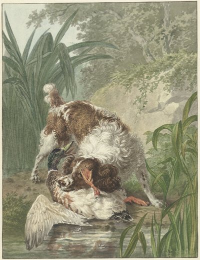Chien de chasse attrapant un canard - Wybrand Hendriks