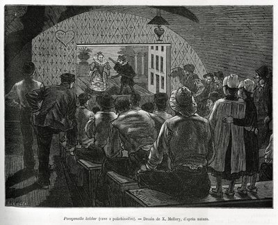 Cave à Polichinelles, une cave conçue pour des spectacles de marionnettes. Gravure par X. Mellery, pour illustrer l