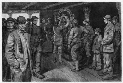 Charbonnière représentant la statue de Sainte Barbe, patronne des mineurs et des pompiers, à la foire annuelle en son honneur. Gravure par X.Mellery, pour illustrer le récit « Belgique », par Camille Lemonnier (1844-1913) écrivain belge. Publié dans Le Tou - Xavier Mellery