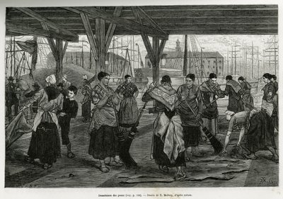 Désalage des peaux, par des femmes raclant les restes des bêtes étendues sous les structures des halles du port d