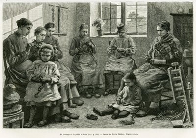 Le tressage de la paille à Sluze. Gravure de Xavier Mellery pour illustrer le récit La Belgique, par Camille Lemonnier, dans Le Tour du monde 1886, dirigé par Édouard Charton (1807-1890), Hachette, Paris. - Xavier Mellery