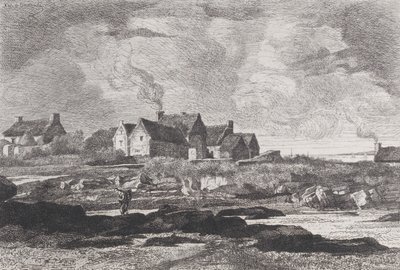 Paysage de campagne avec une rivière à droite et des maisons en arrière-plan - Xavier de Dananche