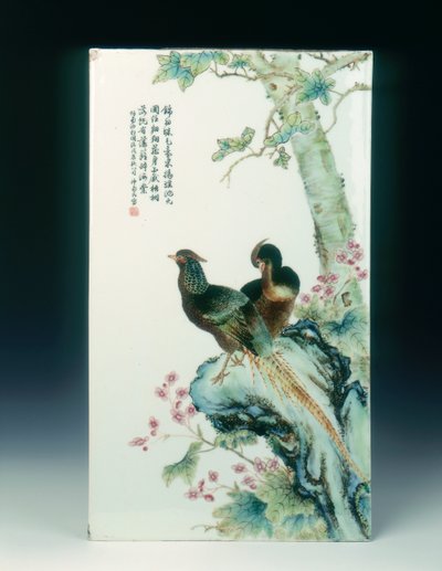 Plaque en porcelaine famille rose avec faisans, Chine - Xu Zhongnan