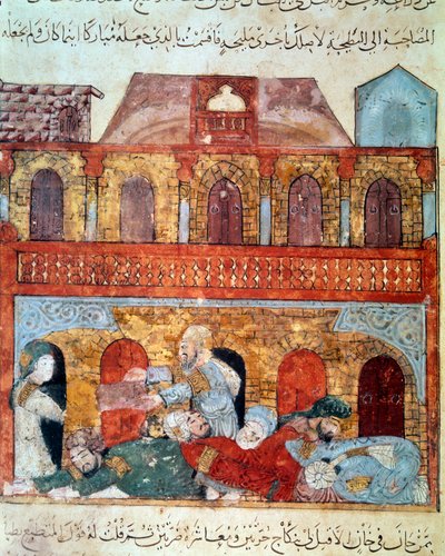 Le navigateur vagabond Abu-Zayd et les marchands endormis. Miniature des Maqamat (Séances) d