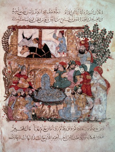 Le navigateur errant Abu-Zayd devant ses auditeurs. Miniature des « Maqamat » (Séances) par Abu Mohammed al-Kasim ibn Ali Hariri (1054-1122) enluminée par Yahya Mahmud al-Wasiti en 1237 - Yahya ibn Mahmud Al Wasiti
