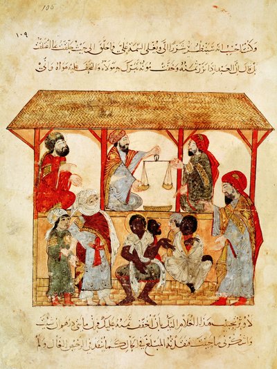 Ms. Ar 5847 f.105, Un marché aux esclaves, de "Al Maqamat" - Yahya ibn Mahmud Al Wasiti
