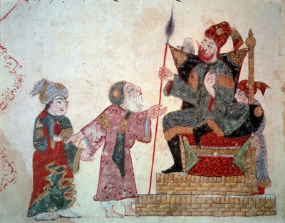 Le navigateur vagabond Abu-Zayd et son fils devant le gouverneur. Miniature des Maqamat (Séances) d