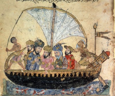 Le bourgeois al-Harith, fils de Hammam, et le navigateur errant Abu-Zayd sur un bateau naviguant sur l