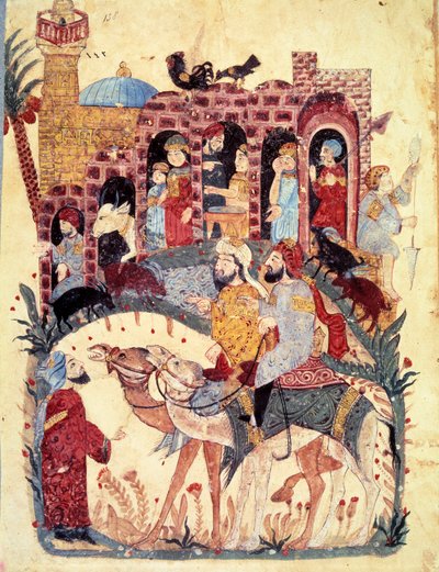 Le bourgeois al-Harith et le navigateur errant Abu-Zayd arrivent dans une ville, la mosquée et le minaret, les activités commerciales, les bazars et le travail des femmes sont décrits. Miniature tirée des Maqamat par Abu Mohammed al-Kasim ibn Ali Hariri - Yahya ibn Mahmud Al Wasiti