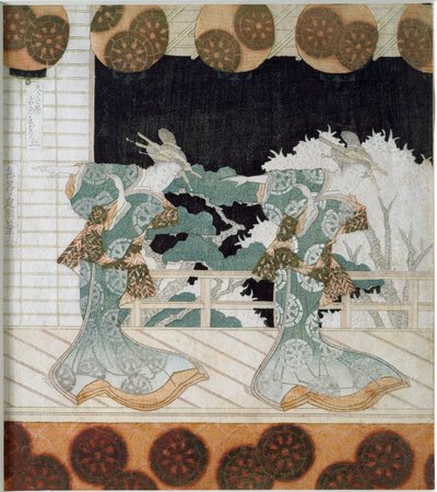 Danseurs en costume traditionnel sur une scène - Yashima Gakutei