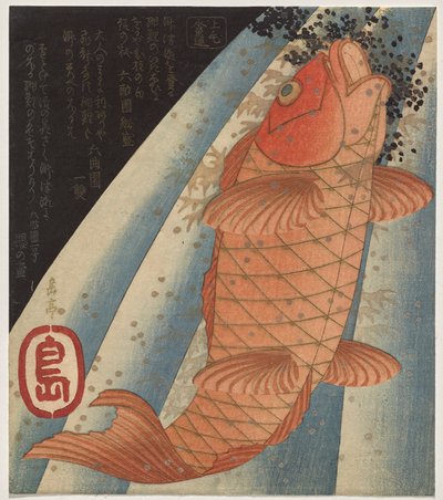 Carpe rouge nageant en remontant une cascade la nuit - Yashima Gakutei