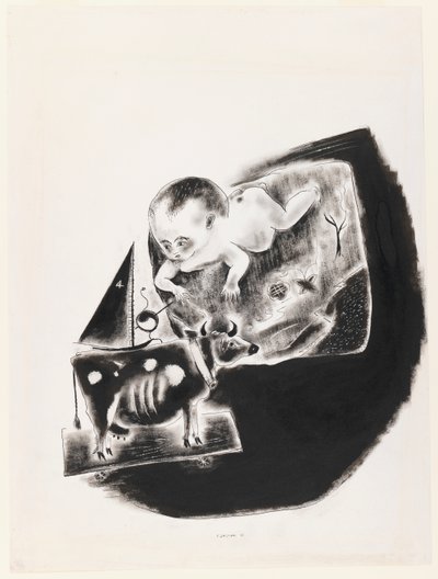 Bébé et vache en peluche - Yasuo Kuniyoshi