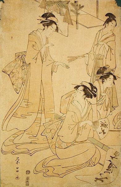 Trois dames et un jeune homme recevant des visiteurs du Nouvel An - Yeisho Yeisho