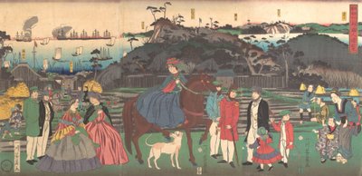 Étrangers visitant le célèbre site du mont Gongen à Kanagawa, 2ème mois, 1861 - Yoshikazu