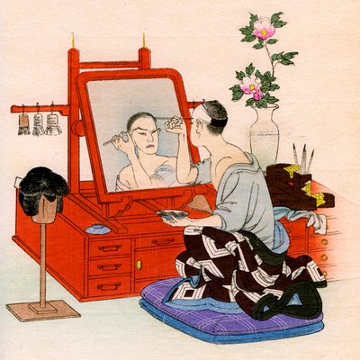Théâtre traditionnel japonais : un acteur se maquille dans sa loge - Yoshimune Arai