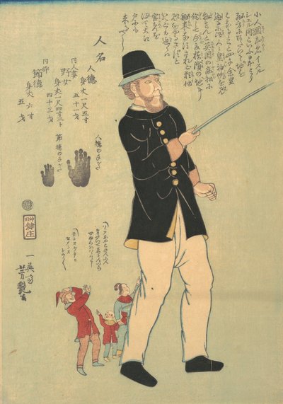 Étranger marchant avec une famille pygmée, 5e mois, 1863 - Yoshitsuya
