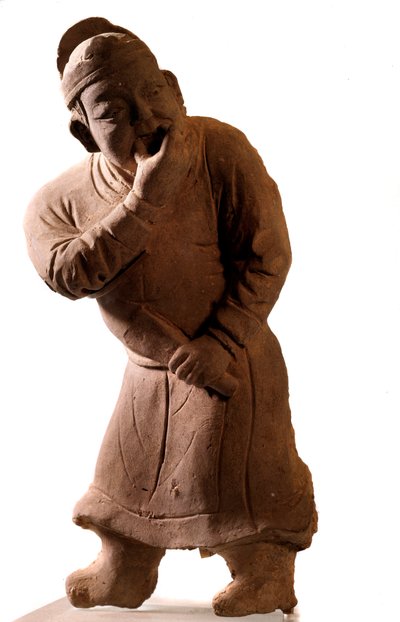 Art chinois : statuette en terre cuite représentant un acteur « siffleur ». De Tsiao Tsouo, Honan. Dynastie Yuan (1271-1368 apr. J.-C.) - Yuan Dynasty Chinese School