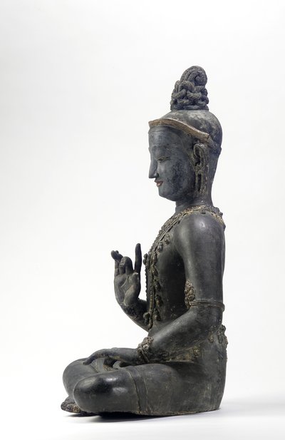 Bodhisattva de style népalais-chinois (laque, tissu, traces de peinture bleue, dorée et verte et feuille d