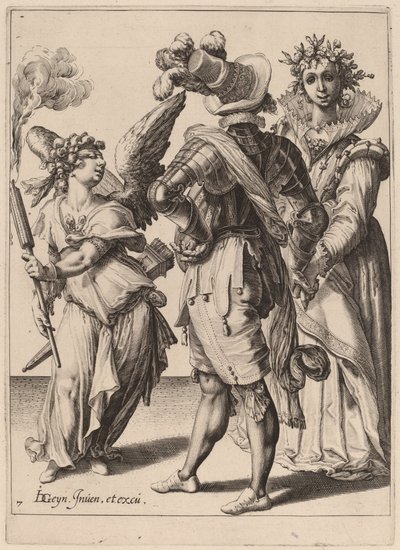 Cupidon aux yeux bandés tenant une torche devant un couple - Zacharias Dolendo after Jacques de Gheyn II
