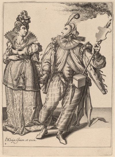 Une femme menée par un joueur tenant une torche - Zacharias Dolendo after Jacques de Gheyn II