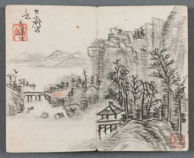 Album miniature avec figures et paysage, Paysage de falaise avec pont, 1822 - Zeng Yangdong