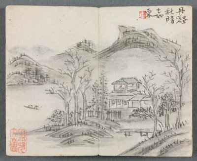 Album miniature avec figures et paysage Paysage avec colline, maison, bateau et pont, 1822 - Zeng Yangdong