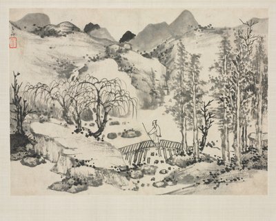 Album de paysages dans divers styles : Paysage avec artiste sur un pont, 1684 - Zha Shibiao