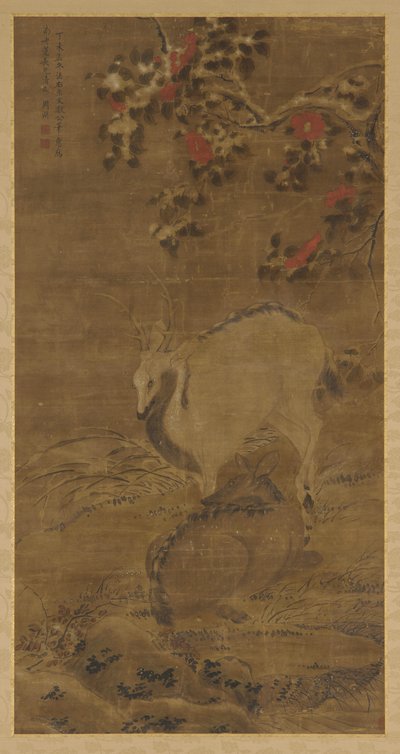 Un cerf, une biche et des camélias rouges dans la neige - Zhou Yuan