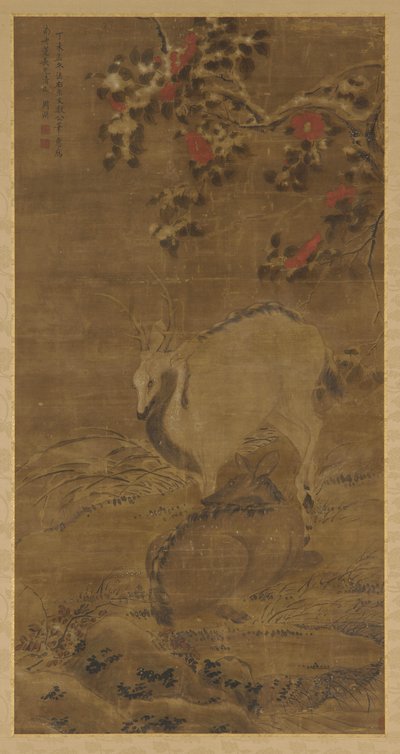 Un Cerf, une Biche et des Camélias Rouges dans la Neige - Zhou Yuan