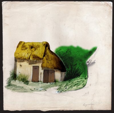 Un cottage au toit de chaume au centre de la France, vers 1830 - . .
