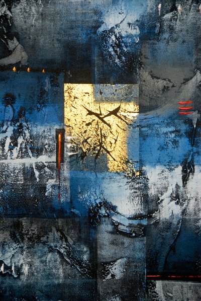 Art abstrait ; peinture aux couleurs or ; bleu ; noir et gris ; Ubud ; Bali ; Indonésie ; Asie du Sud-Est ; Asie - Frederick (attr. to) Barnard