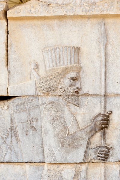 Relief ancien des Achéménides ; Perse avec lance ; soldat de la Garde Immortelle au Palais Apadana ; site archéologique ; ancienne ville perse Persépolis ; site du patrimoine mondial de l