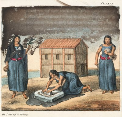Femmes indiennes Araucano broyant du maïs et filant, Chili - Frederick (attr. to) Barnard
