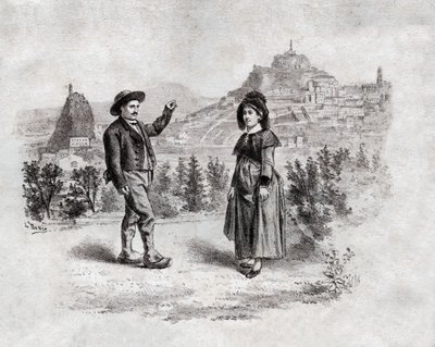 Auvergnats dansant la bourrée au Puy-en-Velay, France. vers 1900 (gravure) - . .