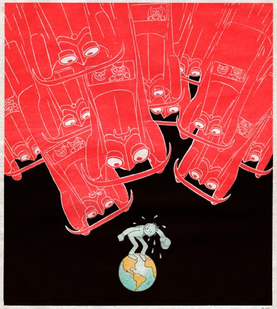 Voitures attaquant le dernier piéton sur terre. 1929 (Caricature) - . .