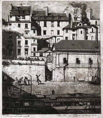 Scène de crime avec intervention de la police sur les quais de Paris. vers 1860 - . .
