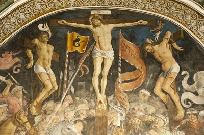 Groupe de crucifixion célèbre par Hans Clemer, fresque dans le chœur, église paroissiale de Chiesa Parocchiale, Elva, province de Cuneo, Piémont, Italie, Europe - Ferdinand Georg Waldmuller
