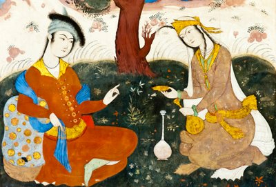 Fresque ; deux amoureux ; miniature persane ; Chehel Sotoun ; Palais des Quarante Piliers ; Ispahan ; Iran ; Asie - Frederick (attr. to) Barnard