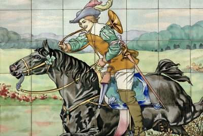 Vue intérieure, panneau de carreaux, peintre Furcy Ernest Tondeur, exécutant Boch Frères La Louvière, deuxième panneau montre une scène de chasse avec un cavalier galopant avec un cor de chasse - . .