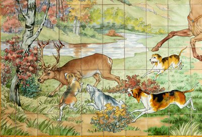 Vue intérieure, panneau de carreaux, peintre Furcy Ernest Tondeur, exécutant Boch Frères La Louvière, premier panneau, scène de chasse avec trois cavaliers, (détail) - . .