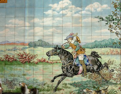 Vue intérieure, panneau de carreaux, peintre Furcy Ernest Tondeur, exécutant Boch Frères La Louvière, le deuxième panneau montre une scène de chasse avec un cavalier galopant avec un cor de chasse - . .