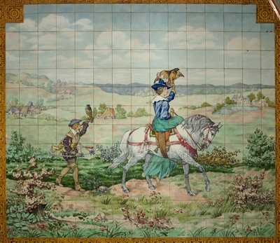 Vue intérieure, panneau de carreaux, peintre Furcy Ernest Tondeur, exécutant Boch Frères La Louvière, deuxième panneau, scène de chasse avec un noble et une noble dame avec des faucons - . .