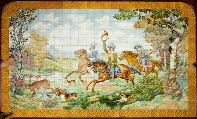 Vue intérieure, panneau de carreaux, peintre Furcy Ernest Tondeur, exécutant Boch Frères La Louvière, premier panneau, scène de chasse avec trois cavaliers - . .